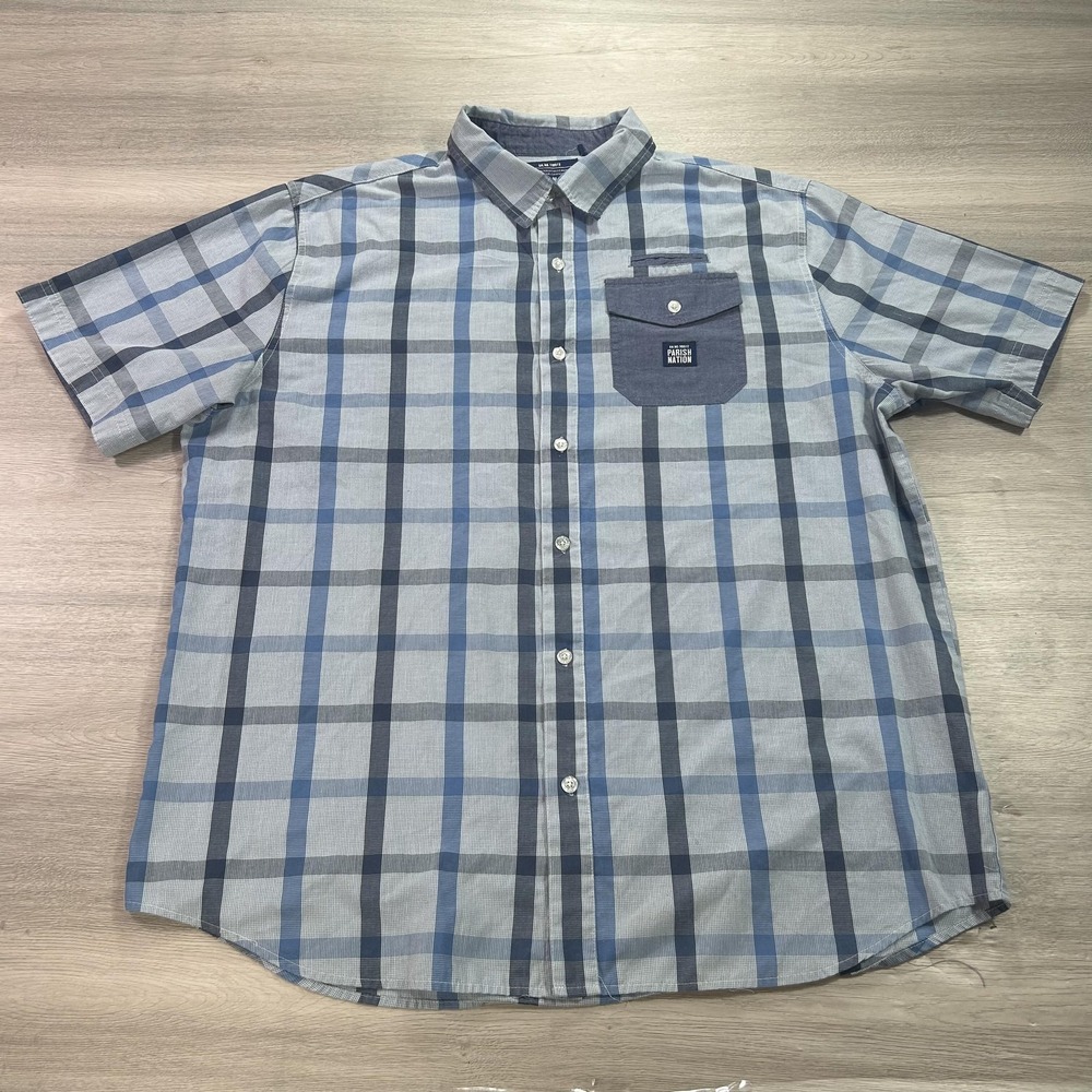 Parish Nation‎ Shirt Mens 3XL Blue Gray Plaid Short Sleeve Button Down Casual